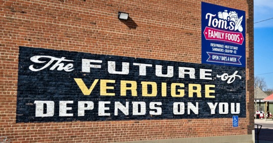 A mural near Fourth and Main streets in Verdigre, Nebraska, highlights the focus of community efforts. Forty-four percent of respondents to the 2026 Nebraska Rural Poll believe they will be better off 10 years from now, similar to last year’s 46%. (Jordan Rasmussen/Rural Prosperity Nebraska)