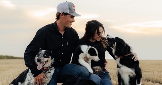 Wyatt Meyers, a May 2025 NCTA Agronomy graduate, and his wife, Paige, a Veterinary Technology student and campus ambassador, pose with their dogs. The couple shares a love of stock dog training and competition that keeps them connected to NCTA.